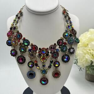 NATASHA COUTURE Multicolor Crystal Designer Layered Bib Statement Necklace